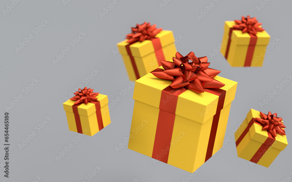 Gift boxes with ribbon and bow for Merry Christmas flying and falling on grey Gift boxes with ribbon and bow for Merry Christmas flying and falling on grey
