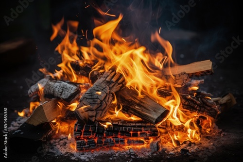 Wood and paper are on fire Flames are seen A bonfire is glowing with orange flames Cooking barbecue using wood fire