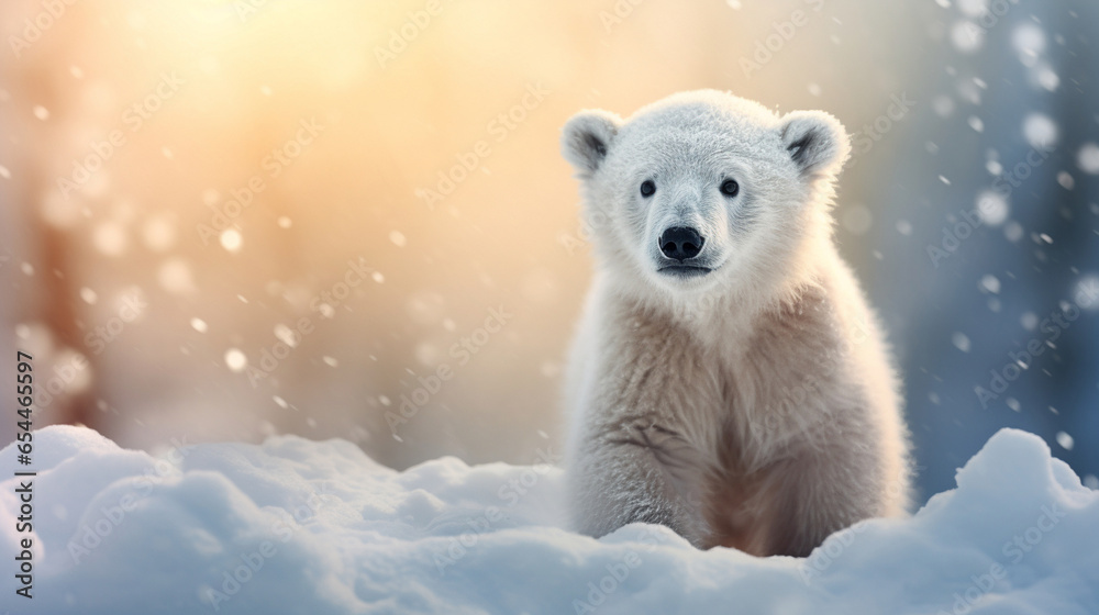 Polar bear in the snow against the background of the setting sun