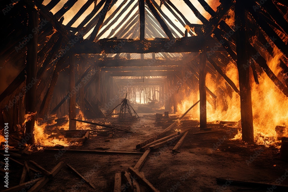 Wooden barn destroyed by fire charred roof truss and posts - obrazy, fototapety, plakaty 