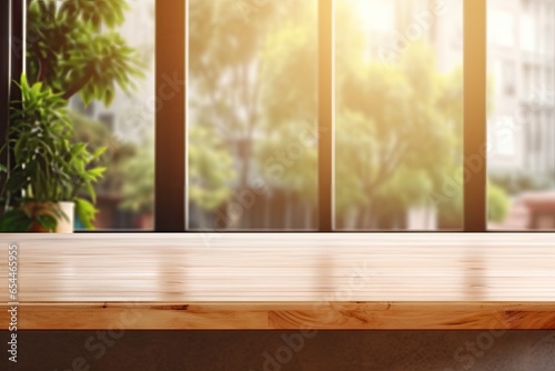 Wooden desk with blurred kitchen window for product presentation