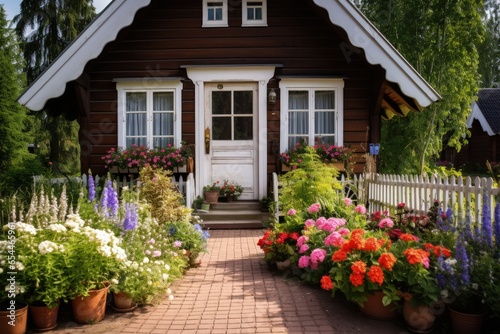 Wooden house with doors white window and flowers in the front © LimeSky