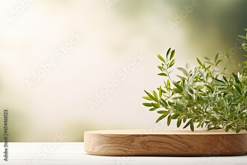 Wooden podium with olive tree branch green leaves and white space background Organic cosmetic pedestal for promotional display