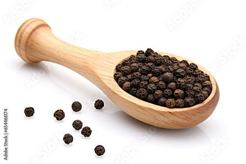 Wooden scoop with black peppercorns isolated on white