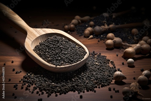 Wooden shovel sprinkled with black peppercorn