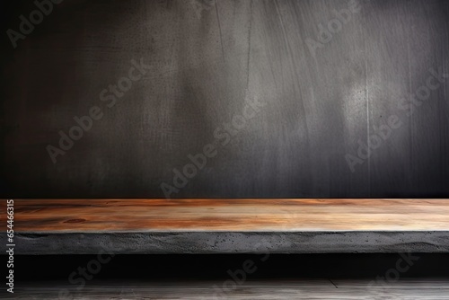 Wooden table top with blurred concrete wall background ideal for showcasing products