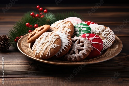 Wooden table with delicious Christmas cookies photo