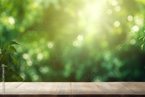 Wooden table top with blurred curtain window and abstract green from garden ideal for product display or design key visual layout with sunlight