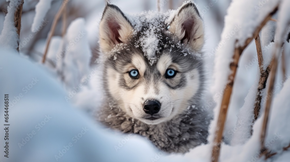 Husky puppy with bright blue eyes among a snowy landscape Husky puppy with bright blue eyes among a snowy landscape