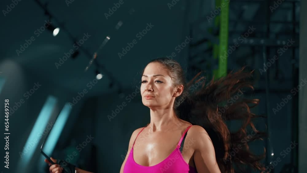 Adorable woman using jumping rope in dark gym. Sports woman wearing sports suit focussing on exercises. Pretty brunette girl working on healthier body. Sport active lifestyle, beauty wellness concept Adorable woman using jumping rope in dark gym. Sports woman wearing sports suit focussing on exercises. Pretty brunette girl working on healthier body. Sport active lifestyle, beauty wellness concept