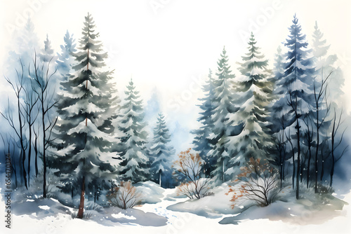 Winter landscape with pine trees in watercolor style. Snow-covered spruce forest. Christmas mood © Olena