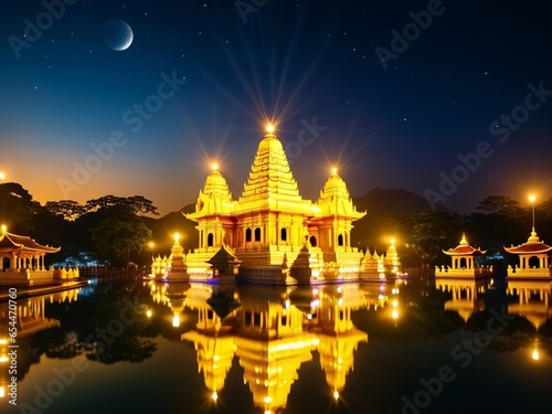 Moonlit Majesty Golden Temples Illuminated in Diwali Splendor. AI Generated.