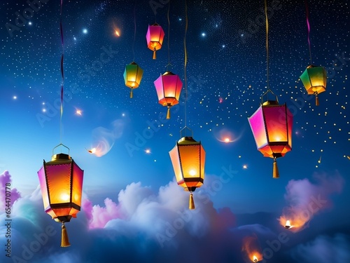 Enchanting Diwali Lanterns Wishes Soaring to the Stars. AI Generated.