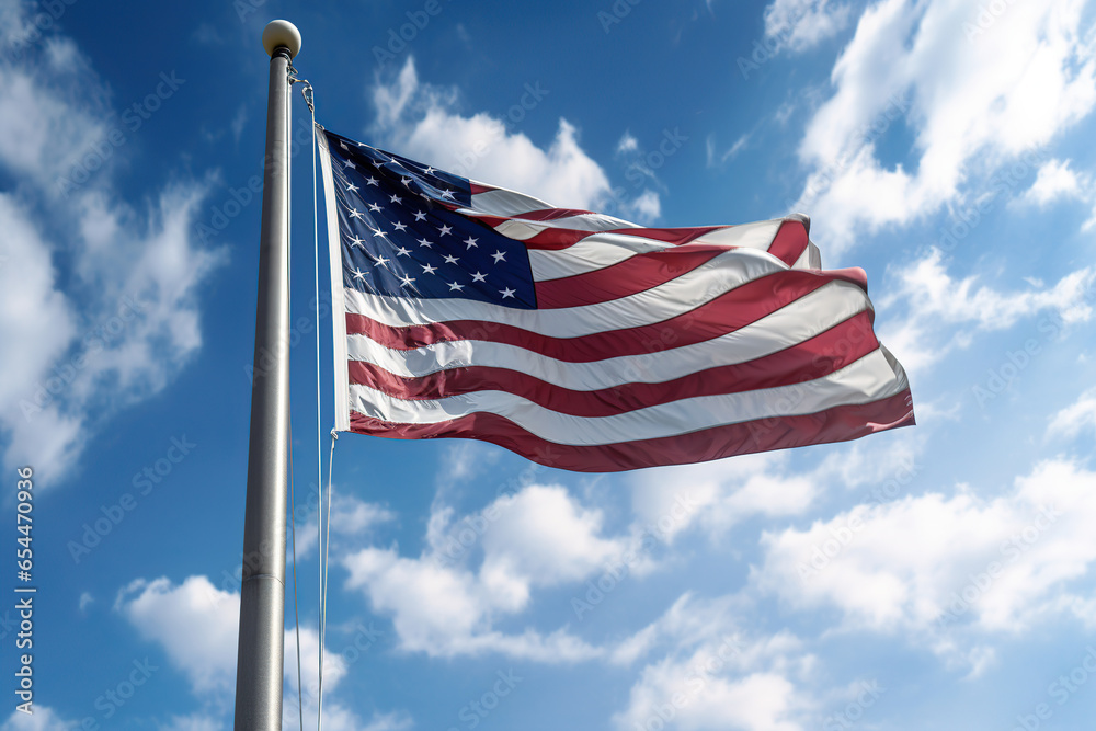 Illustrative of American Flag waving on wind. Generative AI Illustrative of American Flag waving on wind. Generative AI