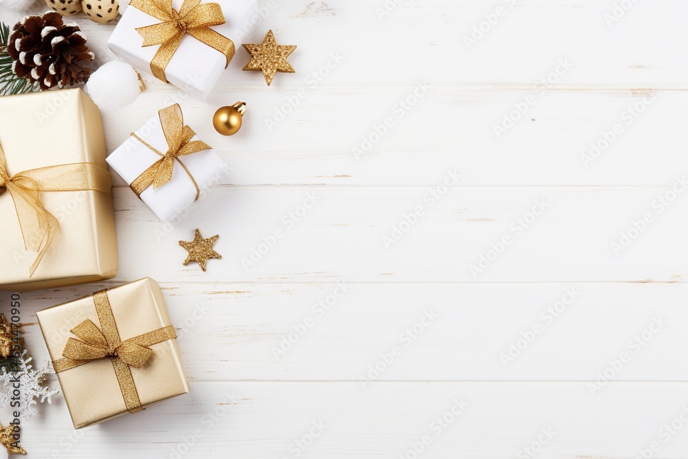 Christmas gift boxes on white wooden background Christmas gift boxes on white wooden background