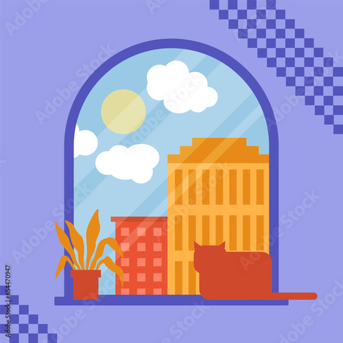 Vector flat window, cat sitting on the window sill, pot of flowers. Home comfort. Illustration in flat style.