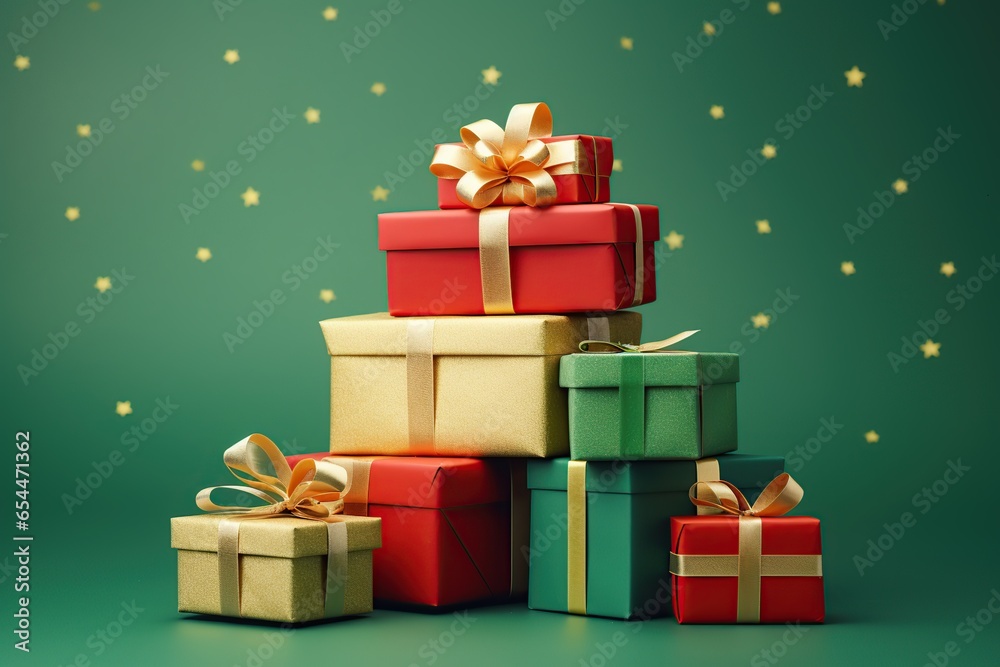 Fototapeta premium Christmas gift boxes on green background