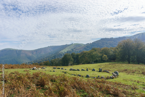 Stone circle Cromlech of Oianleku Harrespila with beautiful mountain landscape in autumn, Aiako Harria, Basque Country, Spain photo