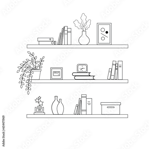 Bookshelves with books, watches, flowers in lineart style on a white background