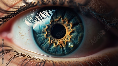 Extreme closeup image of a human eye. Macro photography with the concept of healthy vision, eye treatment education, and futuristic professional photo shoots. Generative AI #654473728