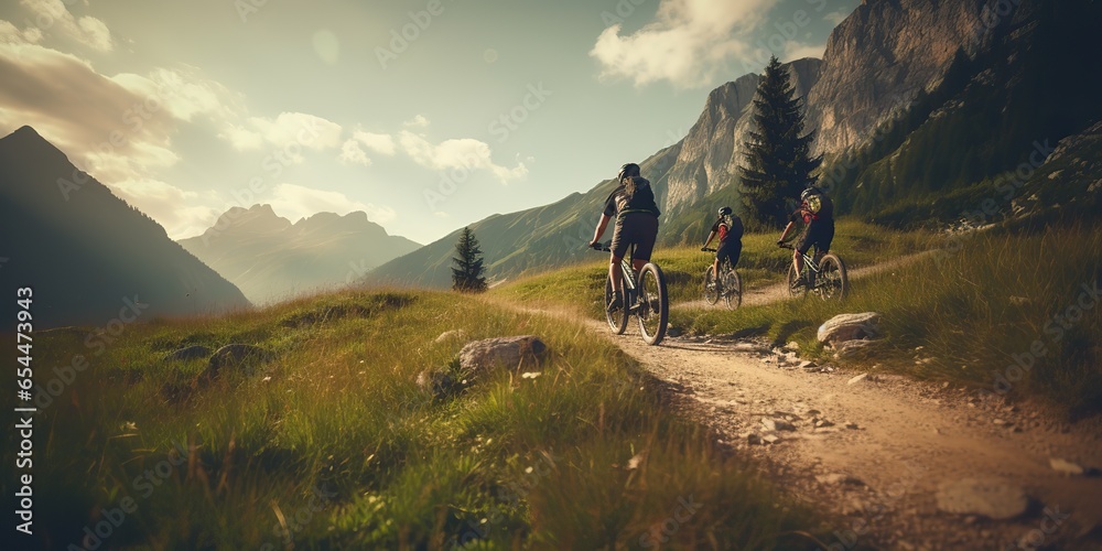 AI Generated. AI Generative. Cyclist biker active sport transport outdoor nature mauntain landscape background action. Graphic Art