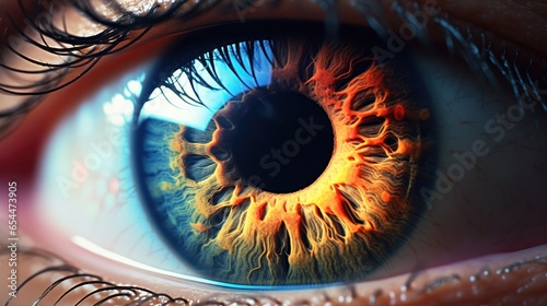 Extreme closeup image of a human eye. Macro photography with the concept of healthy vision, eye treatment education, and futuristic professional photo shoots. Generative AI photo