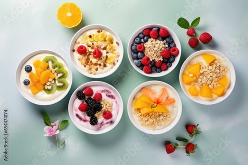 Yogurt muesli and fruits for breakfast Fresh and healthy concept viewed from above