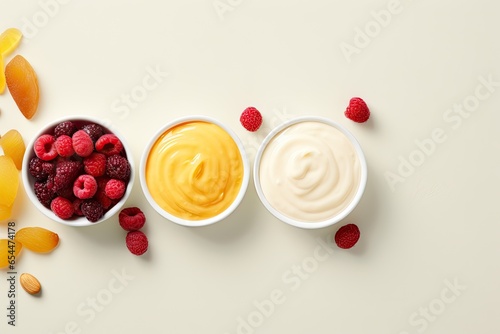 Yogurt packaging concept with cranberry almond and mango Top view with copy space