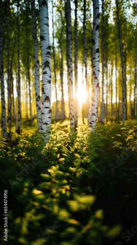 Beautiful nature landscape with birch trees grove in the morning fog.