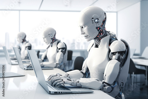 Artificial intelligence humanoid robots working on computers in modern office. Chatgpt ai androids. Future technology
