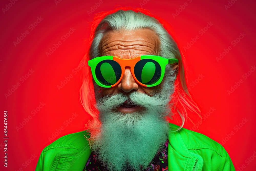 Stylish old man in sunglasses with neon lights Stylish old man in sunglasses with neon lights