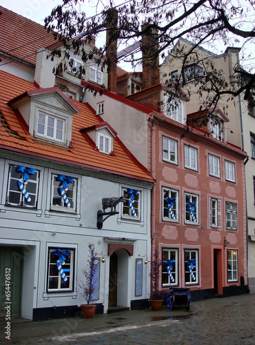 View of the houses with Christmas decoration on the winter day. Riga. Latvia.The Baltic States.