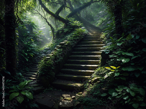 A rocky staircase in a lush jungle leads one to an imaginary world - AI Generative