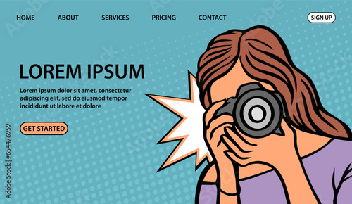 Girl photographer with a camera and flashlight. Looks into the lens. Vector pop art illustration. Design for website, banner