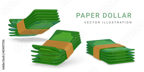 3D green stack of money in cartoon style. Business and finance object for banner design. Vector illustration