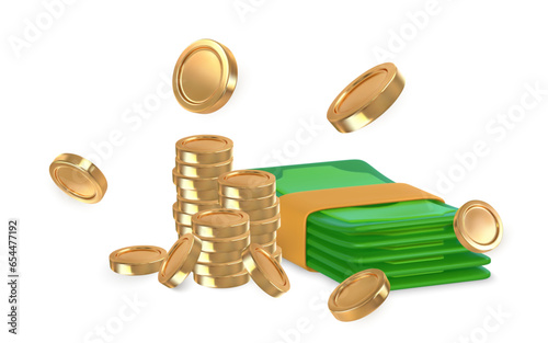3D green stack of money and gold coins in cartoon style. Business and finance object for banner design. Vector illustration