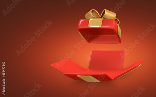 Open 3D realistic gift box with gold ribbon and bow. Vector illustration