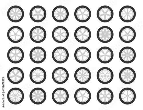 Set tires and wheels. Disc wheel car icon vector.