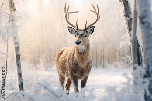 Deer in snow forest in winter season. © Pacharee