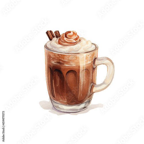 Hot coffee latte in the cup. Watercolor vector illustration isolated on white background. Hot cappuccino with whipped cream