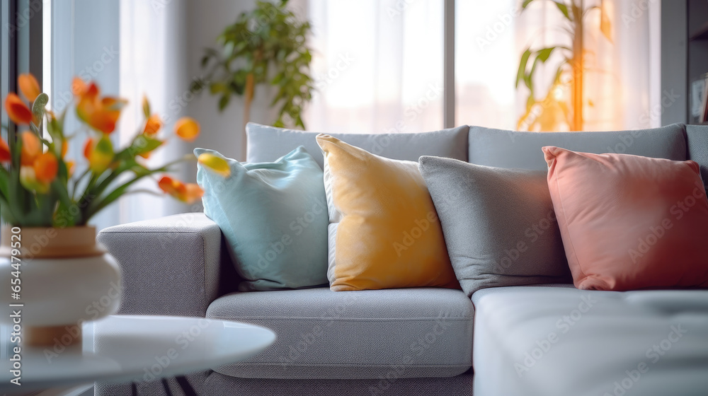 Naklejka premium Interior with gray sofa and bright pillows