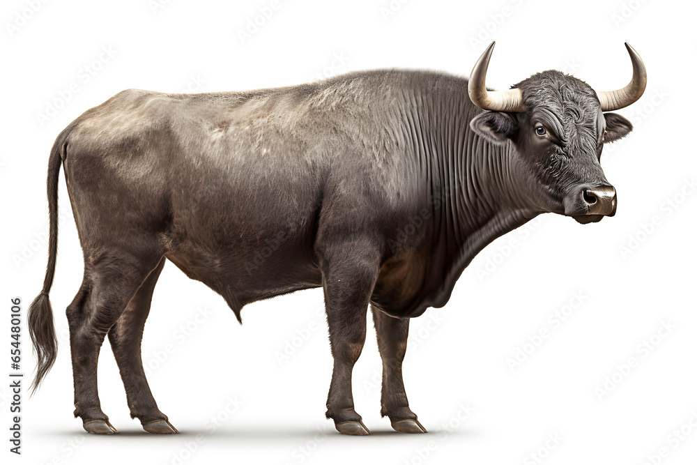 Male grey giant ox, castrated bull used as draft animal isolated on white background side view - obrazy, fototapety, plakaty 
