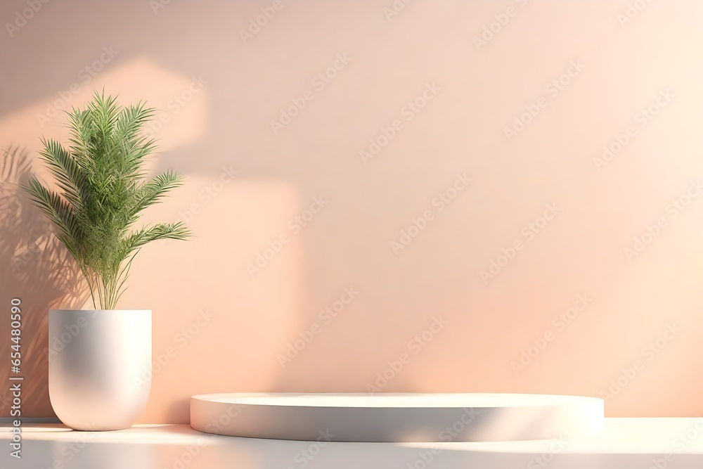 Podium, stand on pastel light stucco background. Unobtrusive background with plant and shadow on the wall -3D render.Mock up for exhibitions, presentation of products, therapy, relaxation and health