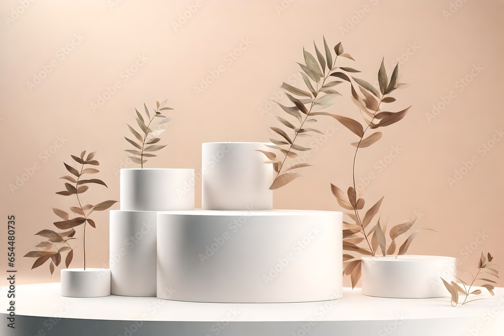 Abstract minimal scene with geometric forms. cylinder wood podium in white background with leaves. product presentation, mock up, show cosmetic product, Podium, stage pedestal or platform