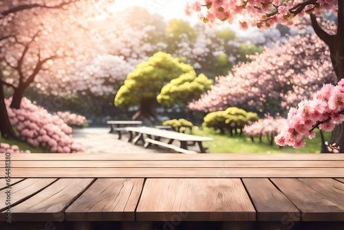 Empty wooden table in Sakura flower Park with garden bokeh background with a country outdoor theme  Template mock up for display of produc