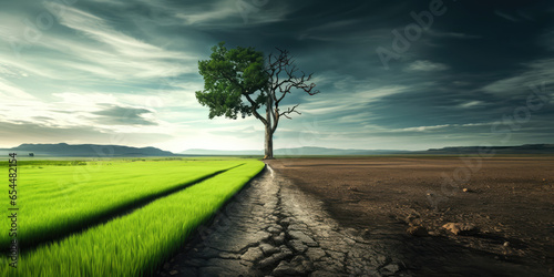 Climate change concept. contrast of green to dry and barren. a tree growing in the center of a dry vs green field.