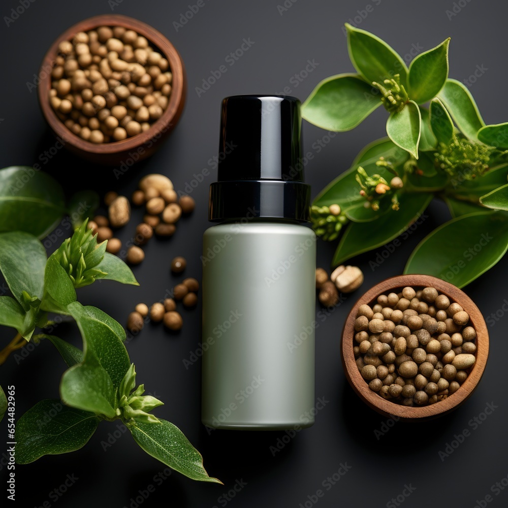 Minimalist and Clean Product Photo of a Skincare Serum, with Herbals, AI Generated. Minimalist and Clean Product Photo of a Skincare Serum, with Herbals, AI Generated.