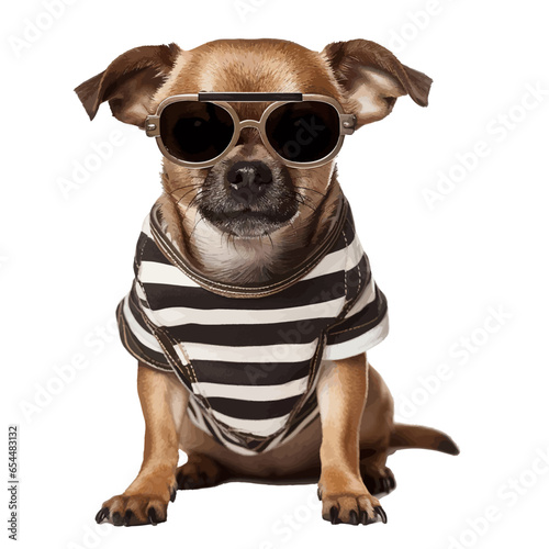 Funny cute chihuahua dog posing in sunglasses and striped sweater on a white background. Little smiling dog. Isolated on white background.