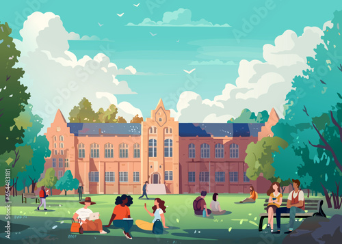 Moment of students reuniting with friends, walk and sit on the grass and hanging out around campus. Exterior view of the college building among the trees. Flat illustration.