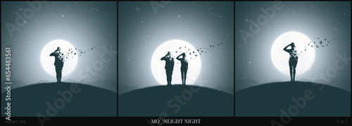 Soldiers salutes. Death on battlefield. Flying bird outline, full moon